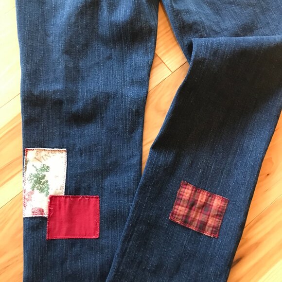 Upcycled Patched Jeans, 14 Junior: Handmade Patchwork Wine Theme Hippie Pants - Picture 7 of 11